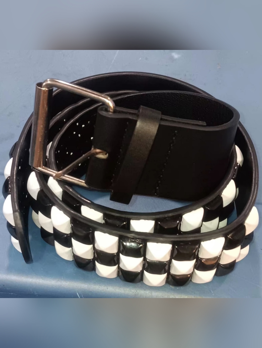 UNISEX Black Studded Checkered Men’s Leather Belt